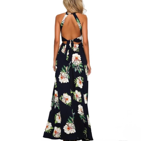 Black Floral Halter Maxi Beach Dress - Picture 3 of 5